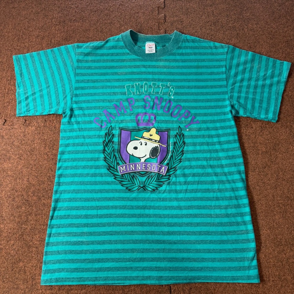 Vintage 90s Knotts Camp Snoopy Minnesota Striped T-Shirt Men Large Teal Sherry's